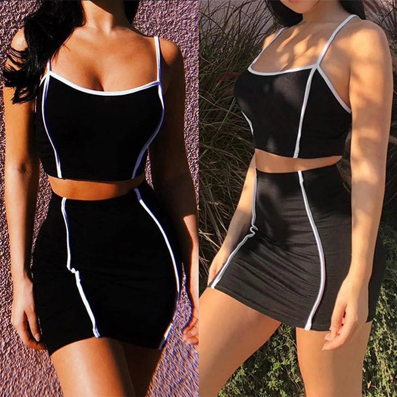 Bigsweety пикантные спагетти комбинация на бретельках Топы Корректирующие + Bodycon юбка