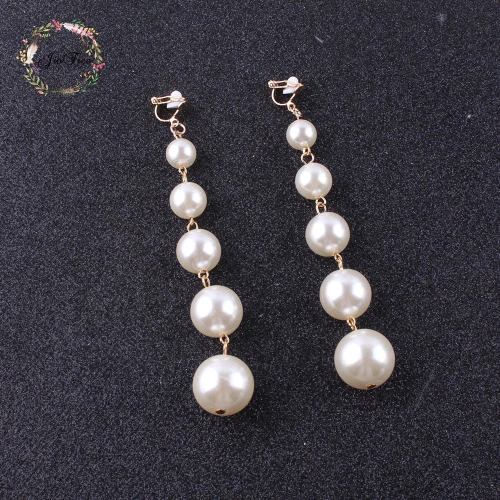 JIOFREE new design Trendy long Big Simulated Pearl  Clip on Earrings Pearls String Statement  Earrings For Wedding Party Gift