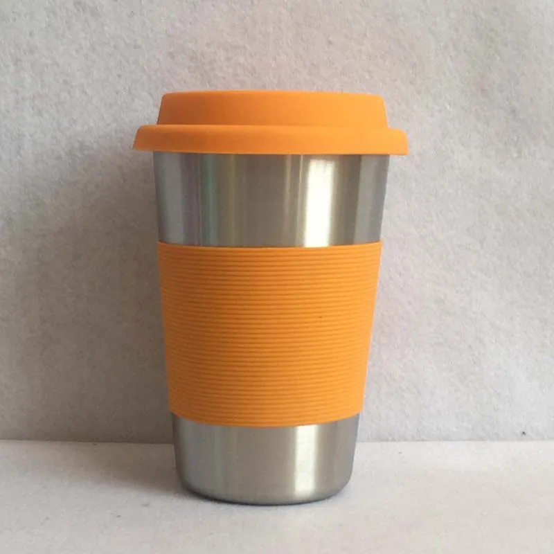 Orange Stainless Cup 500 мл портативная практическая многоразовая нержавеющая сталь силиконовая крышка кофейные чашки Экологичные Нескользящие Дорожные Кружки Полезная чашка для вина - Цвет: Orange Stainless Cup