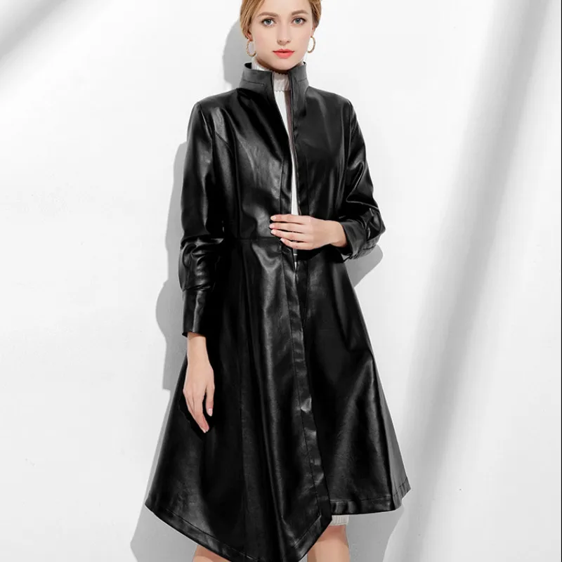 Fashion Autumn Winter Women Coats 2018 Red Black Casual Turn-down Collar PU Faux Leather Jacket Long Coat Office Outwear Coats