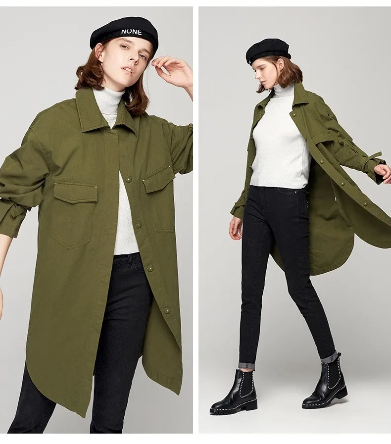 Toyouth New Autumn Black Single-Breasted Long Trench Coat for Women Loose Button Collar Abrigos Mujer Manteau Femme