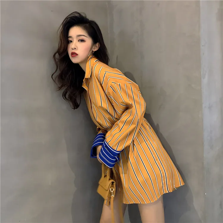 WHITNEY WANG 2018 осеннее модное уличное цветное контрастное Полосатое платье рубашка