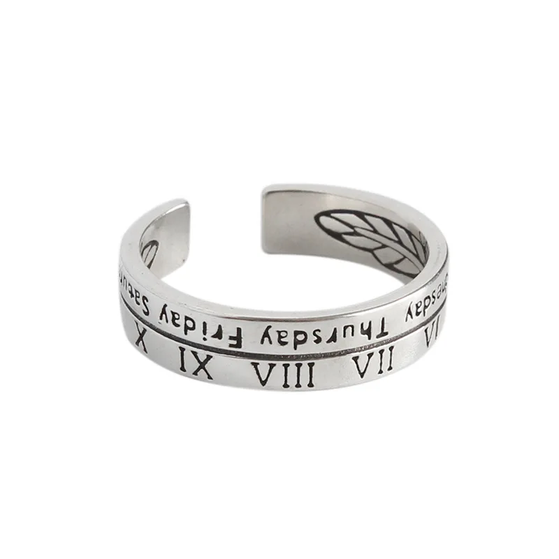 

100% S925 Fashion Sterling Silver Lovers Vintage Wedding Jewelry Antique Roman Numerals Students Unisex Brief Adjustable Rings