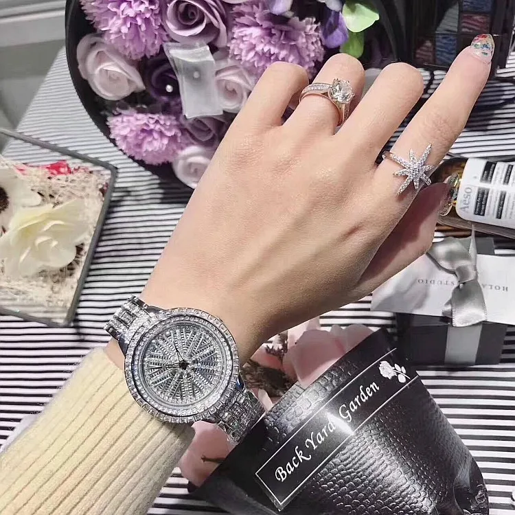 Модные розовое золото Diamond вращающаяся шкала женские часы прочный роскошный фиолетовый алмаз нержавеющая сталь Ремешок кварцевые женские часы