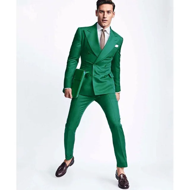 Slim Fit Green Men Wedding Suit Double Breasted 2 Pieces Jacket Pants Tuxedo Terno Masculino Custom Made Formal Blazer Suits Men