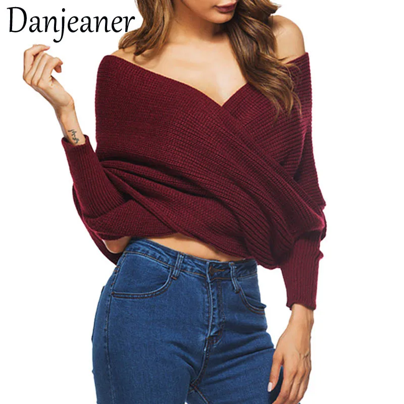 Danjeaner Long Sleeve Sweaters Women 2018 Autumn Sexy Off Shoulder Wrap Knitted Tops V Neck Slim Pullovers Jumper Shawl | Женская одежда