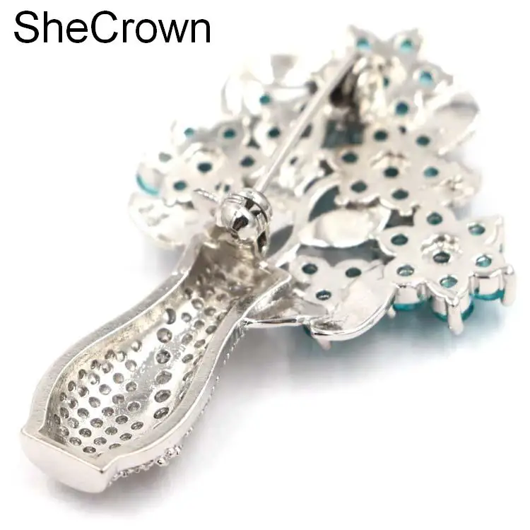 SheCrown цветок Форма богатый синий Аквамарин Белый CZ Подарок серебряная брошь 47x29мм