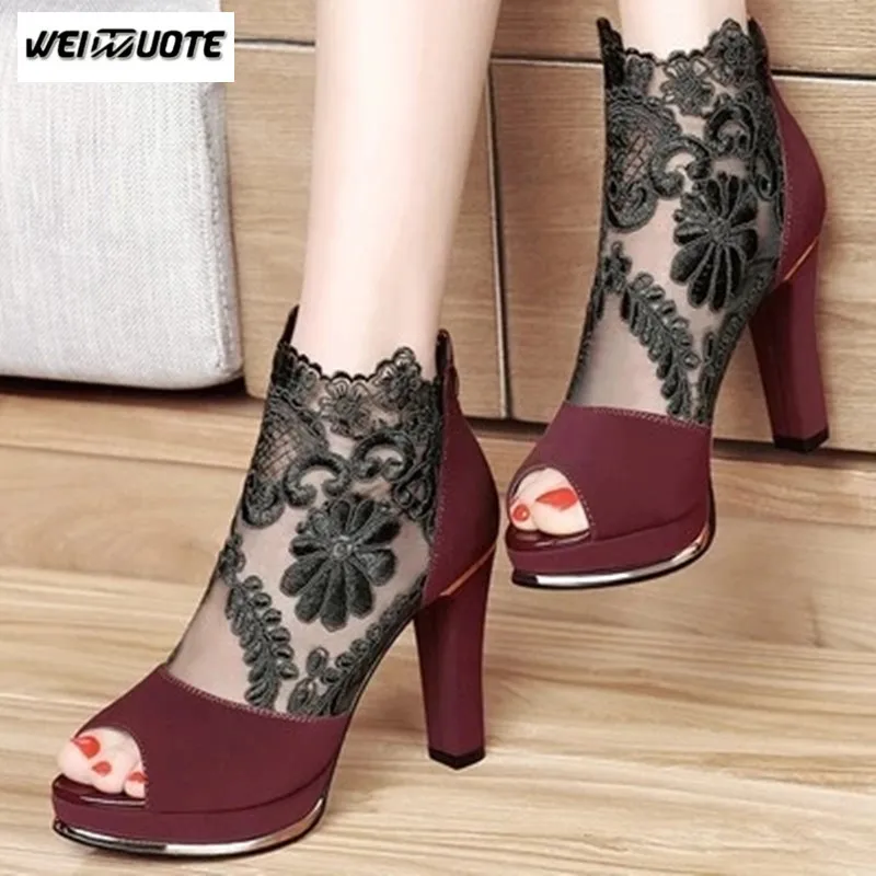 WEINUOTE Women Sandals New High-heeled Shoes Coarse Gauze Lace Fish Mouth Sexy Peep Toe | Обувь