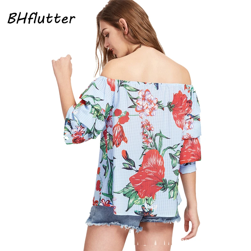 BHflutter С Плеча Блузка Рубашка Женщины Шифон Топы Sexy Slash Шеи Цветочный Принт Летние