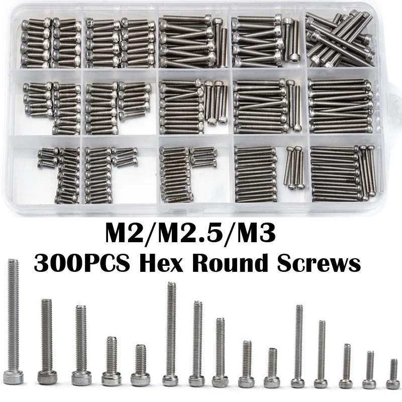 

300PCS M2/M2.5/M3 Hex Round Head Screw Bolt Assorted Set Stainless Steel Hexagon Socket Head Cap Screws