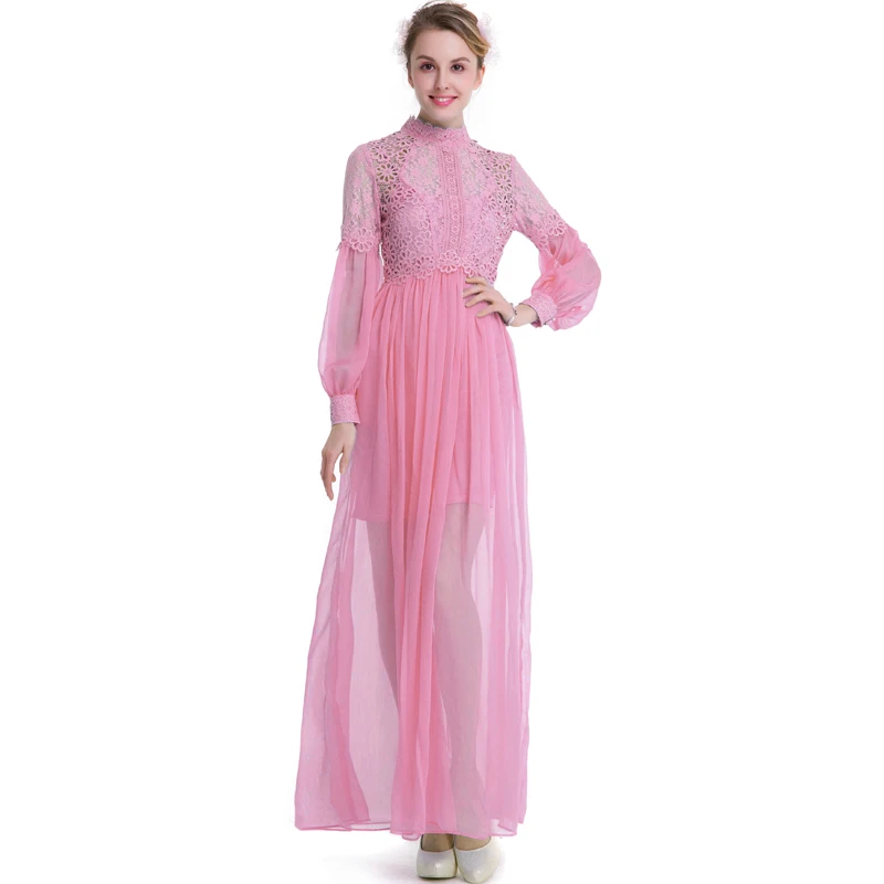 Винтажное женское платье с длинным рукавом кружевное Открытое розовое 3XL плюс