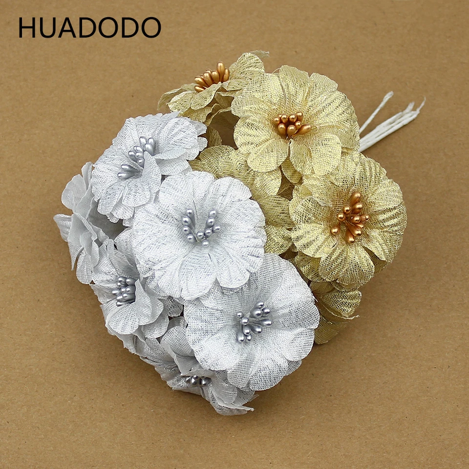 Искусственные цветы HUADODO, 6 шт., золотистые, серебристые, шелковые, для рукоделия, для скрапбукинга, свадебное оформление коробки