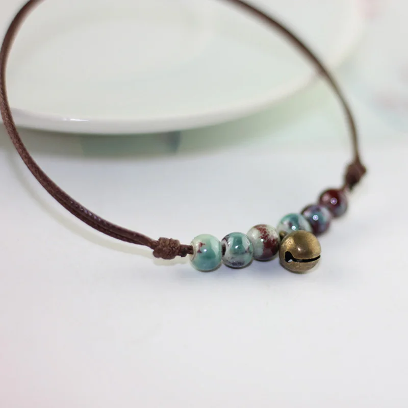 Браслет на ногу женский с колокольчиками плетеный керамический браслет ручной