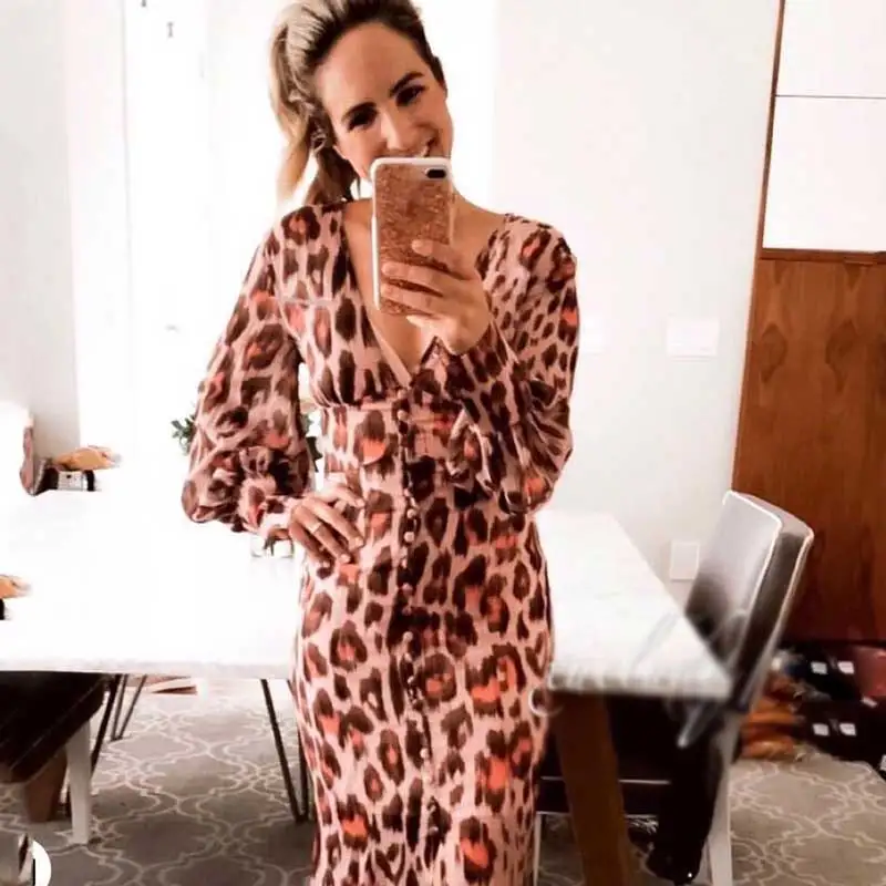 SWEET THING LONG SLEEVE DRESS leopard print button-down front women dress chiffon chic summer autumn 2019 E21 | Женская одежда