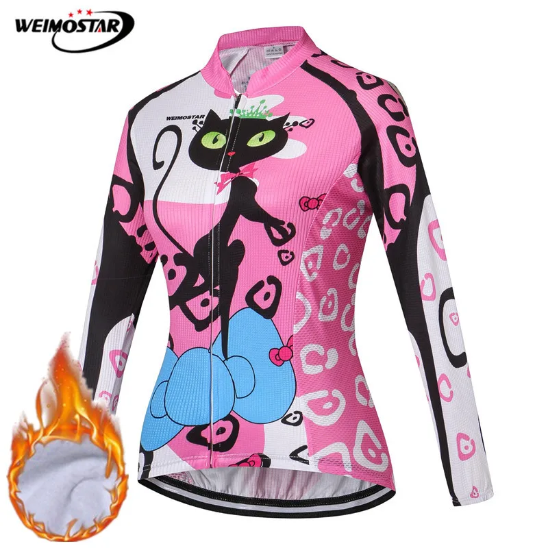 Weimostar Cat Women's Cycling Jersey Winter Thermal Fleece Mountain Bike Clothing Windproof Bicycle Jersey Top Pink Cycling Wear