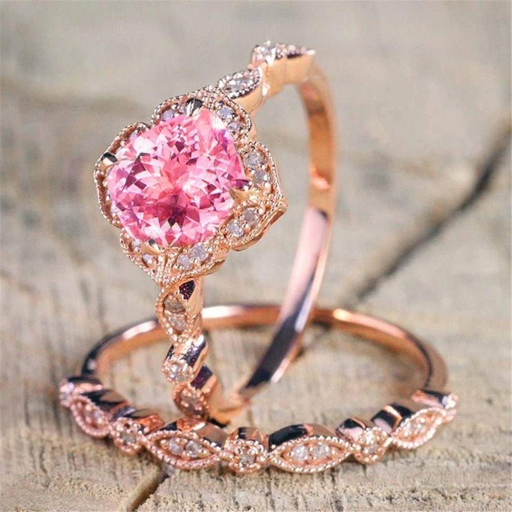 

Elegant and charming lady engagement gift fashionable work exquisite electroplating process round set of pink zircon rings