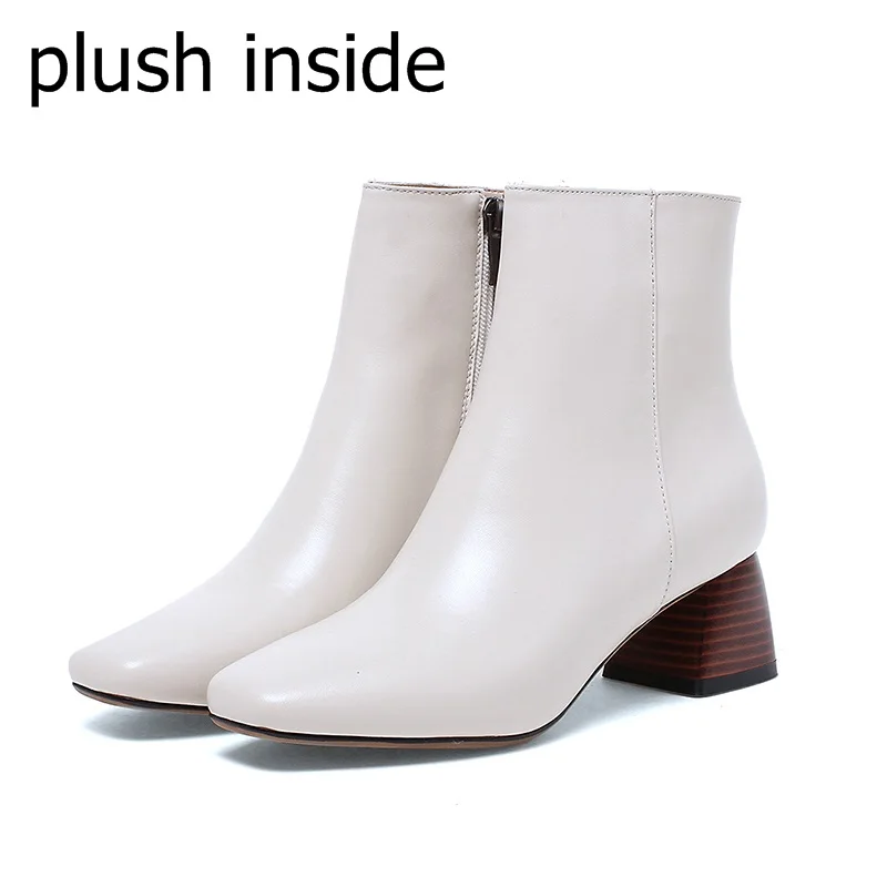 beige plush inside ZVQ/ботильоны из натуральной кожи Большие размеры 33-43; женская плюшевая обувь женская зимняя обувь на квадратном каблуке 5,5 см; черный, бежевый цвет; 2 цвета; большие размеры - Цвет: beige plush inside