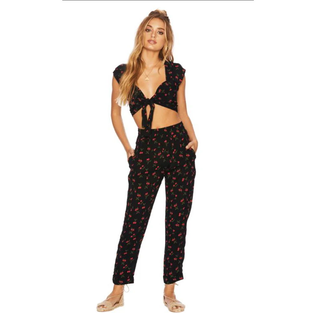 ZAFUL 2019 Укороченный топ Cherry Top и Брюки из двух частей Весна Горячей Печати С