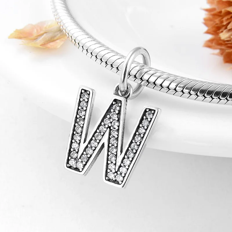 W Подвеска pandora, серебро 925, браслет, настоящее 925 пробы, серебряный, модный, с буквами A to Z, очаровательный Бисер для изготовления ювелирных изделий - Цвет: W