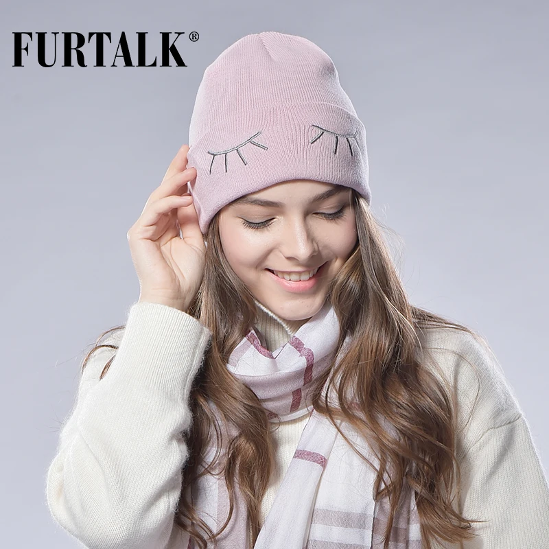 FURTALK Cтильная Двойная Вязаная Шапка бини Весенняя Женская Шерсть Украшеная Шляпа