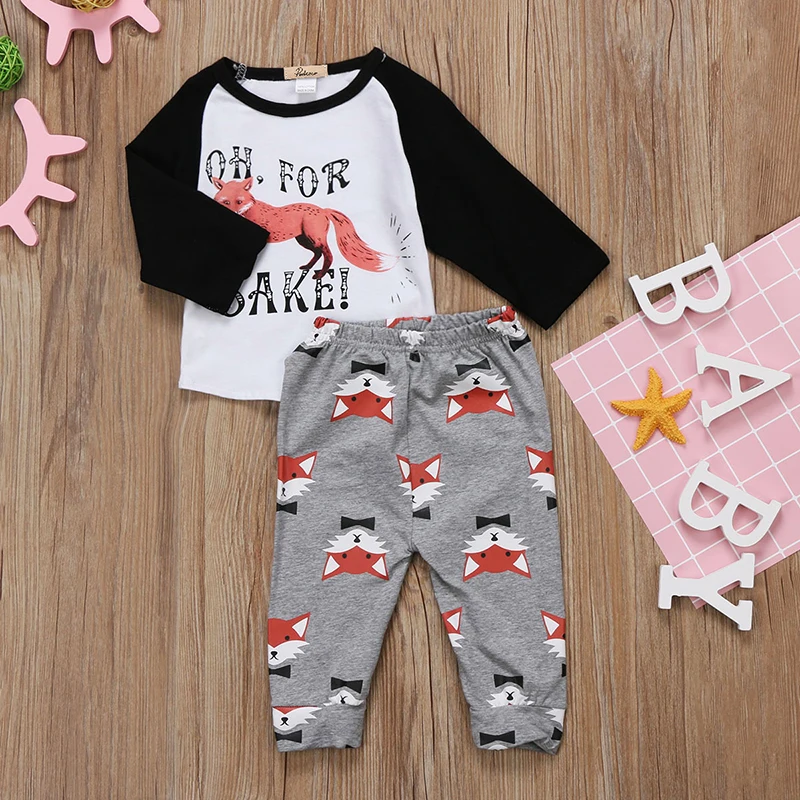 2PCS Newborn Baby Boy Girl Fox Clothes Long Sleeve Cotton T-shirt Tops+Long Pant Legging Outfit Toddler Kids Clothing Set | Детская