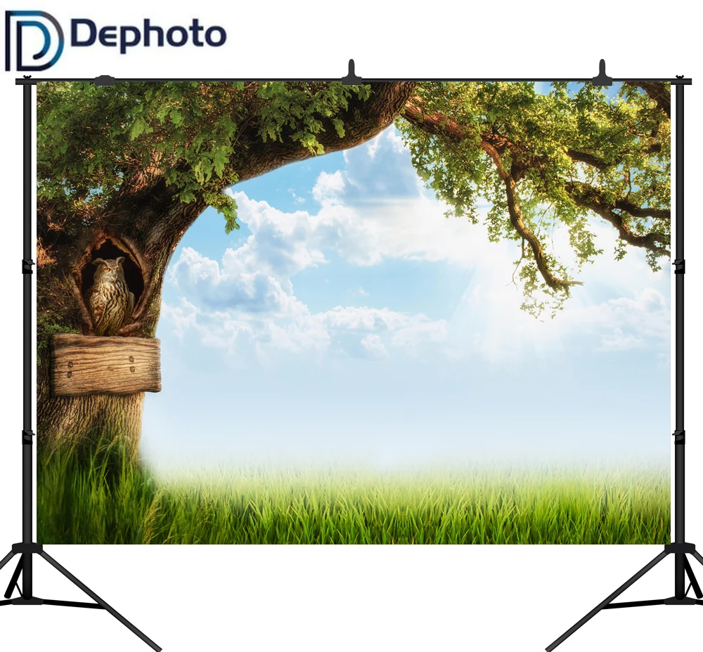 DePhoto фоны для фотосъемки голубое небо белые облака луга сказочная елка сова
