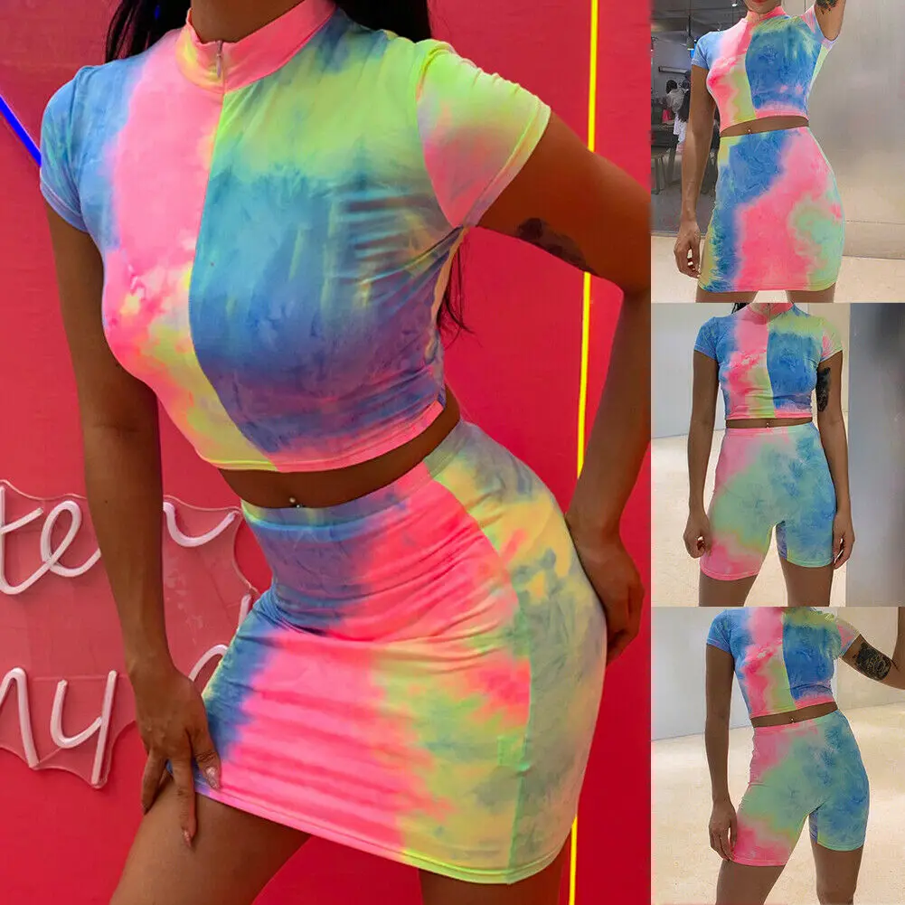 Casual Tie Dyeing Print Women Two Piece Sets Fashion Leisure Party Outwear Tracksuit Stretch Crop Top And Shorts Matching Set | Женская