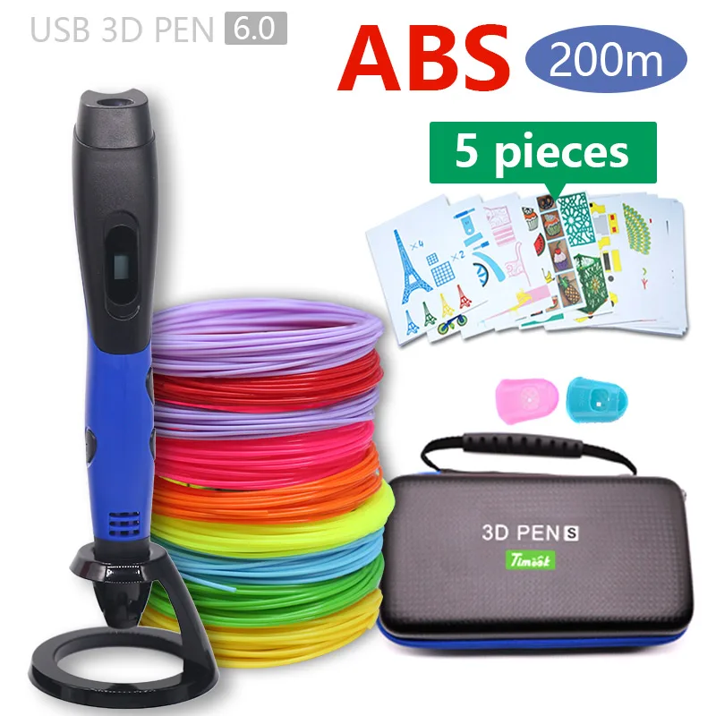 blue with 200m Модная 3d-ручка, 3d-ручка для принтера и пластиковый Пластик PLA/ABS, можно использовать на открытом воздухе, питание от USB,, сумка, подарок на Рождество - Цвет: blue with 200m