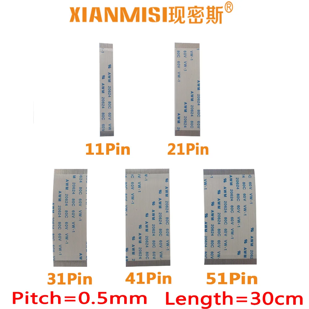 

FFC/FPC Flat Flex Ribbon Cable 11Pin 21Pin 31Pin 41Pin 51Pin Same Side 0.5mm Pitch AWM VW-1 20798 80C 60V Length 30cm 5PCS