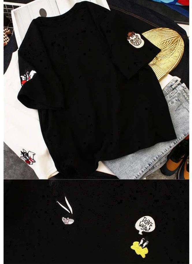 summer Women embroidery Loose t-shirt Casual Oversize T-shirt Femme Short Sleeve O-neck Tops Streetwear Harajuku Tshirts