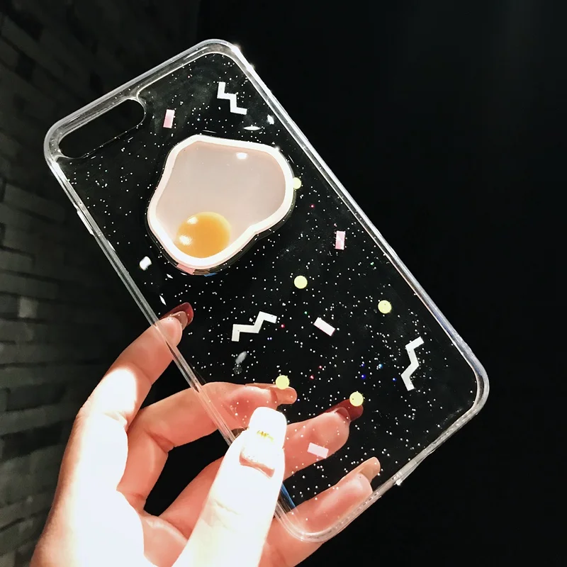 Funny Moving Fried Egg Transparent Glitter Cover for iPhone XS Max XR Soft Silicon Case Funda 6S 7 8 Plus Capa Hoesje |