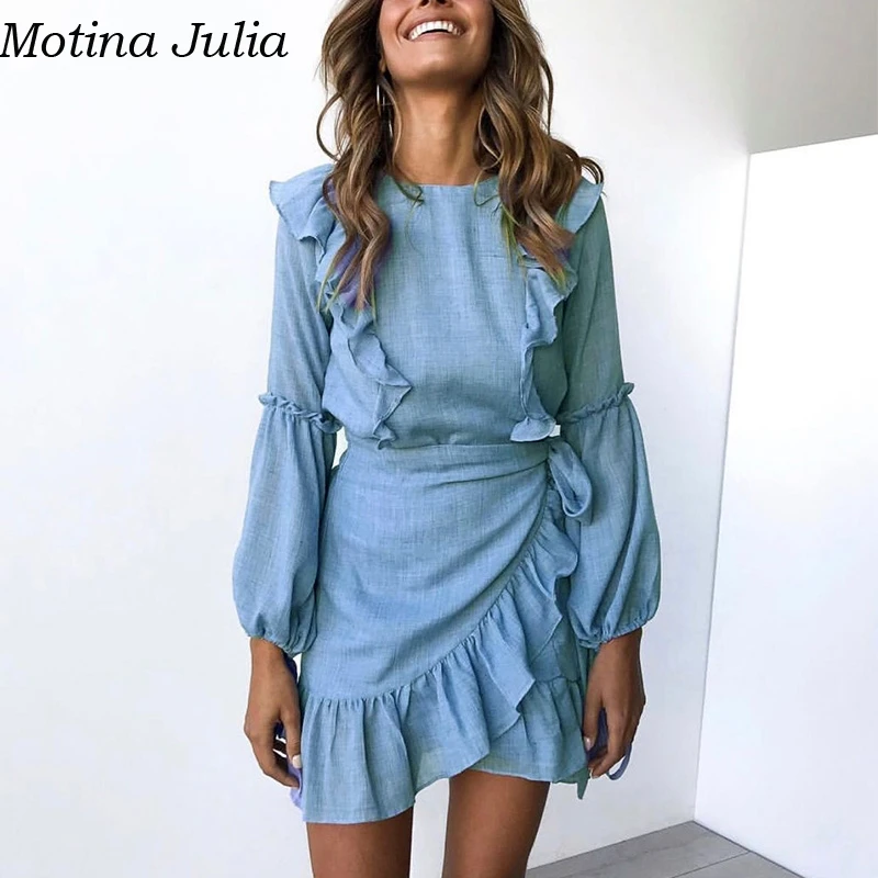 Emizoe Ruffle wrap короткое платье женские 2018 осенью новый розовый Мини вечернее