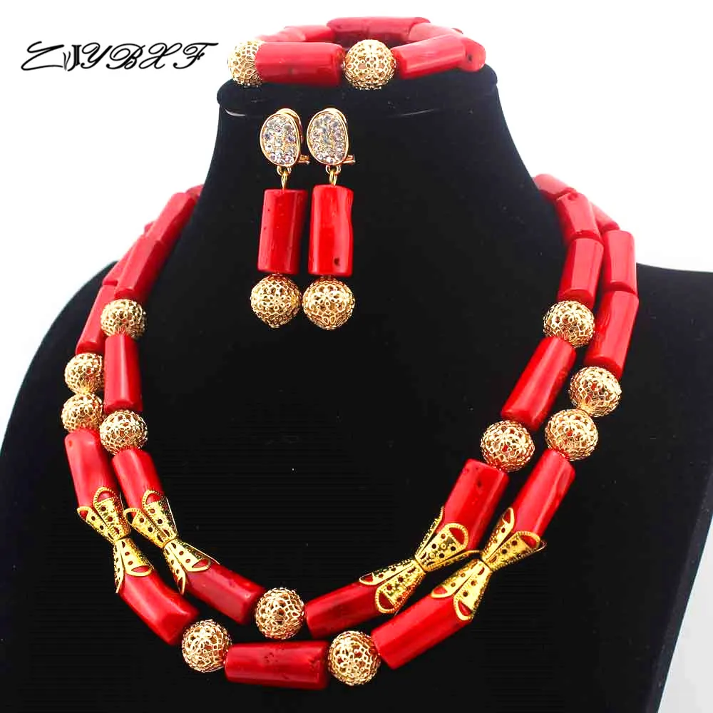

Latest African Coral Beads Jewelry Set Indian Nigerian Wedding Red Beads Bridal Necklace Set Wholesale Free Shipping L1098