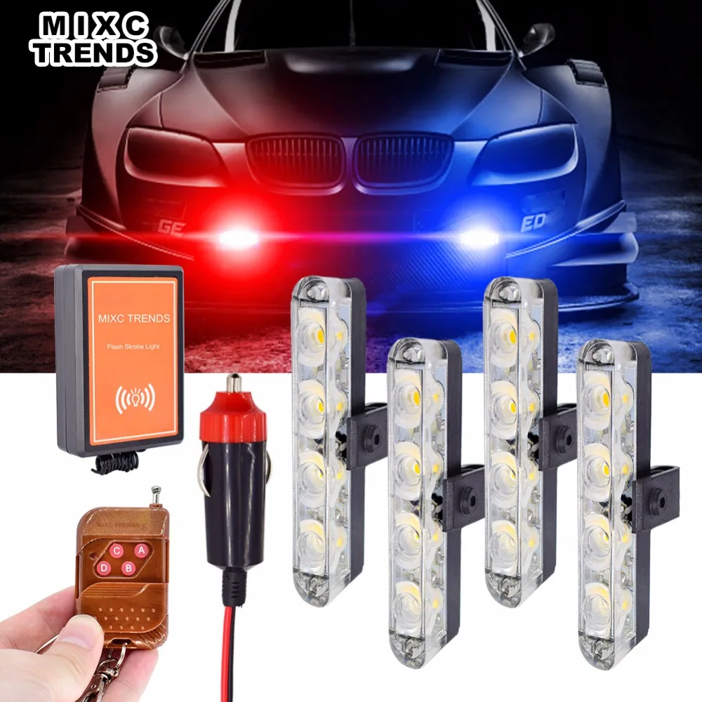 

4Pcs LED Strobe Police Warning Lights Wireless Remote Control 12V Flashing Flasher Emergency LED Car Lights Auto DRL Fog Light
