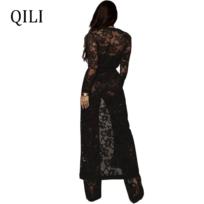 QILI, женские кружевные комбинезоны с длинным рукавом, белые, черные, красные, широкие штаны, комплект из 3 предметов, сексуальный кружевной комбинезон, наряды размера плюс