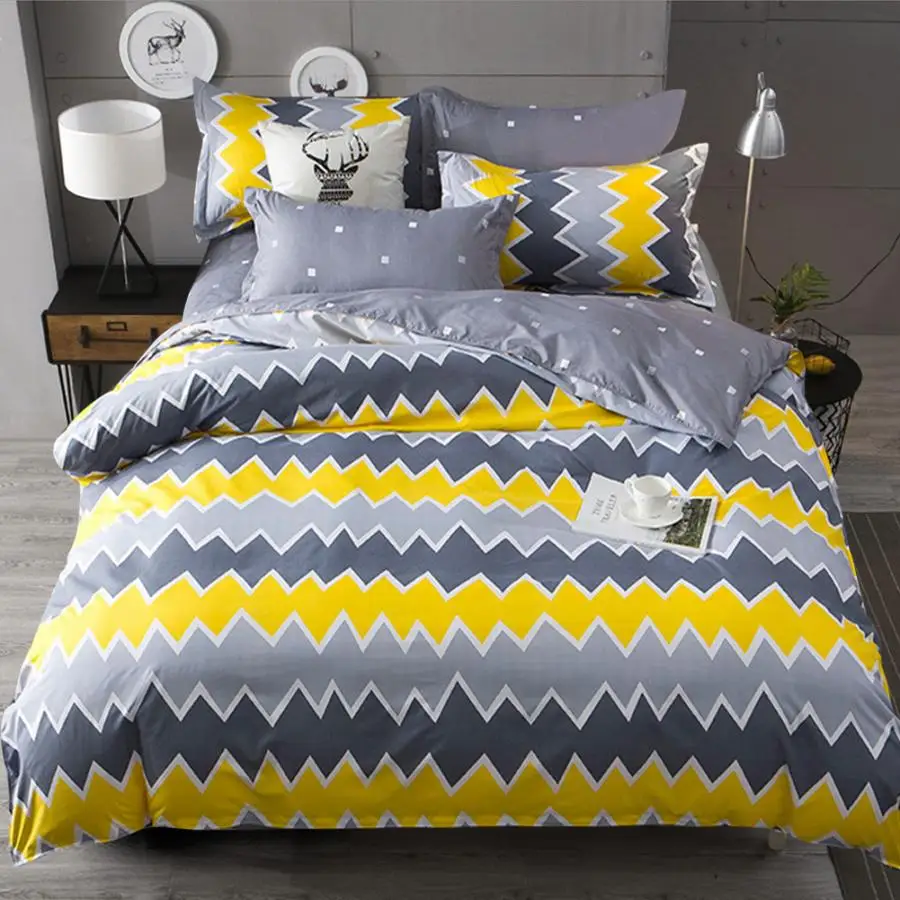King Size Bedding Comfortable Yellow Waves Printed Flat Sheet Quilt Cover Pillowcases Set Bed Duvet | Дом и сад
