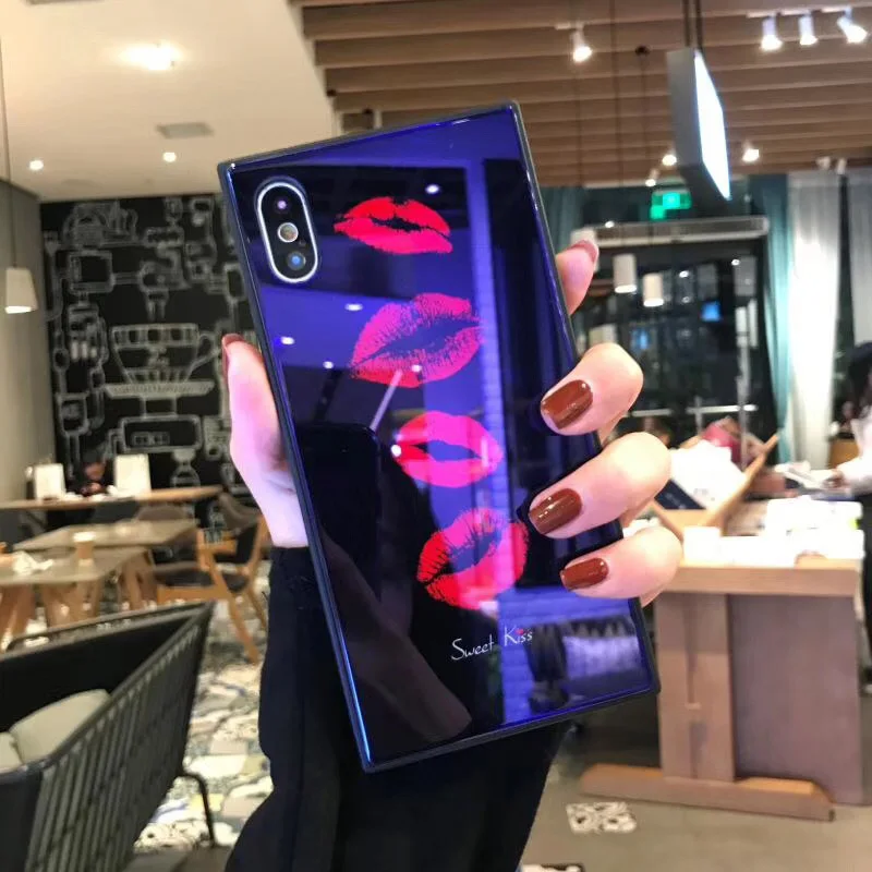 Квадратное закаленное стекло чехол для телефона iphoneX 8 8plus Blue Ray Red Lips стеклянный