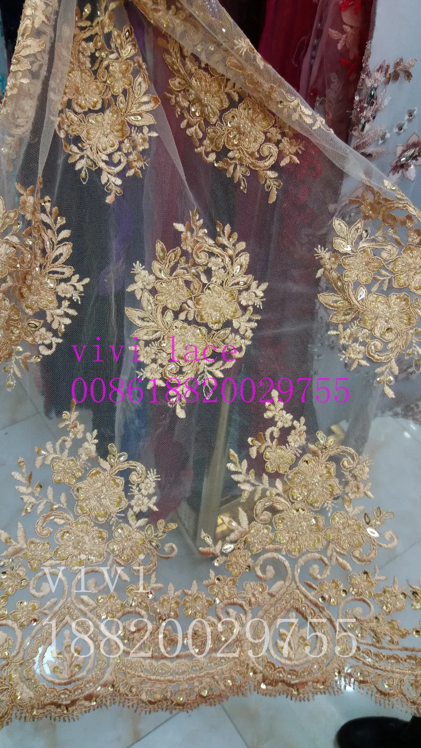 

va003 new 2017 gold sequin beads embroidery polyestor net mesh tulle lace for wedding/evening dress/party.5color