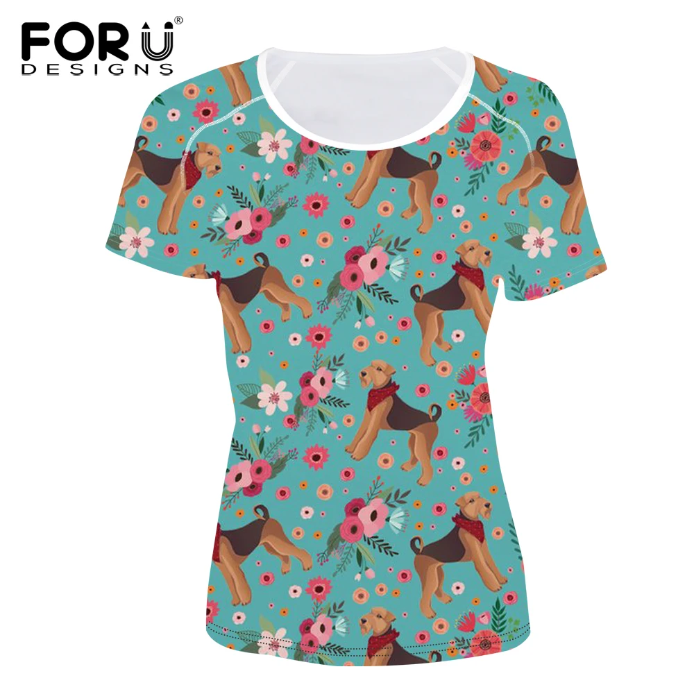 

FORUDESIGNS Flower Airedale Terrier Print Women Summer T Shirt Short Tops Kawaii T-Shirt 2018 Feminino Tshirts Camiseta Feminina