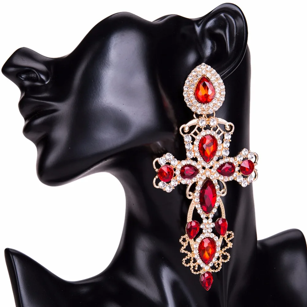 Luxury Gorgeous Blue Crystal Stone Cross Pendant Earrings for Women Baroque Fashion Drops Dangle Big Earring Jewelry Украшения и