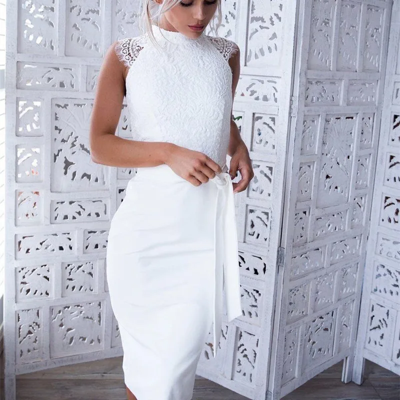 Белое платье с высоким воротником облегающее кружевное женское Повседневное