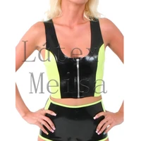 Handmade womens latex clothings set including latex short vestwith front zip and shorts main in black with green trim colors