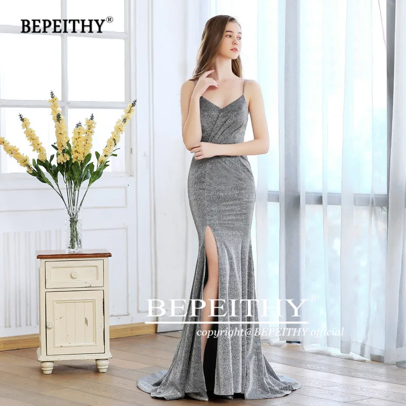 Vestido De Festa Longo Русалка Длинные платья для выпускного вечера с разрезом Серебристая