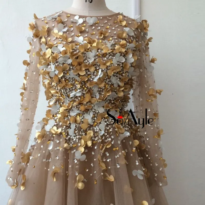 SoAyle реальное изображение Vestidos de festa Выпускные платья трапециевидной формы с длинными рукавами цвета шампань с бусинами цветы великолепное женское платье