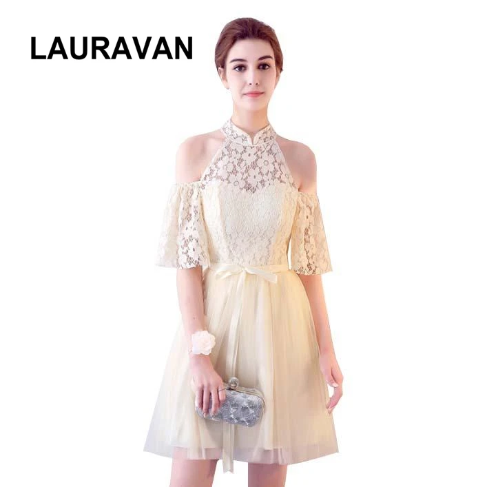 Шампанское платье с рукавом крылышком для подружки невесты лямкой на шее