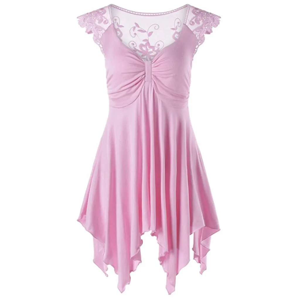 2020 summer dress Fashion Women's V Neck Sleeveless Lace Irregular Loose Top Shirt Dress (S-5XL) four colors high quality sales | Женская
