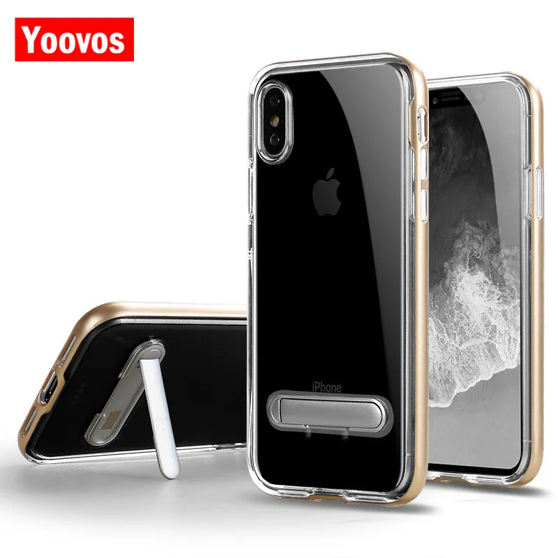 Yoovos New Kickstand transparent Phone Cases For IPhone 7 6 8 Case Iphone 6Plus 7Plus 8Plus X PC Back And Soft TPU Frame |