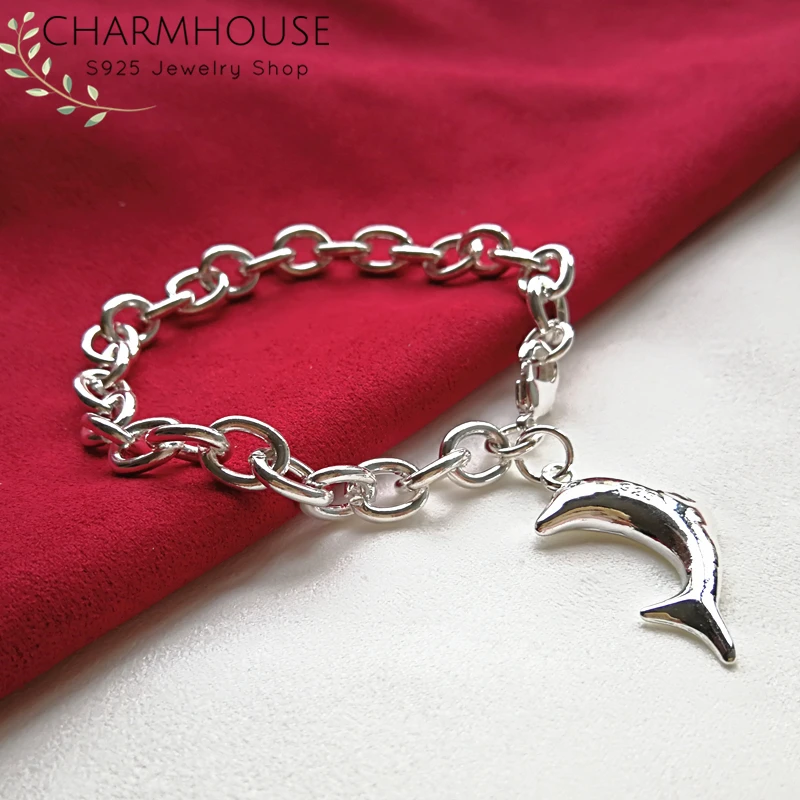Женские браслеты из серебра 925 пробы Браслет талисман с дельфином и биркой замком