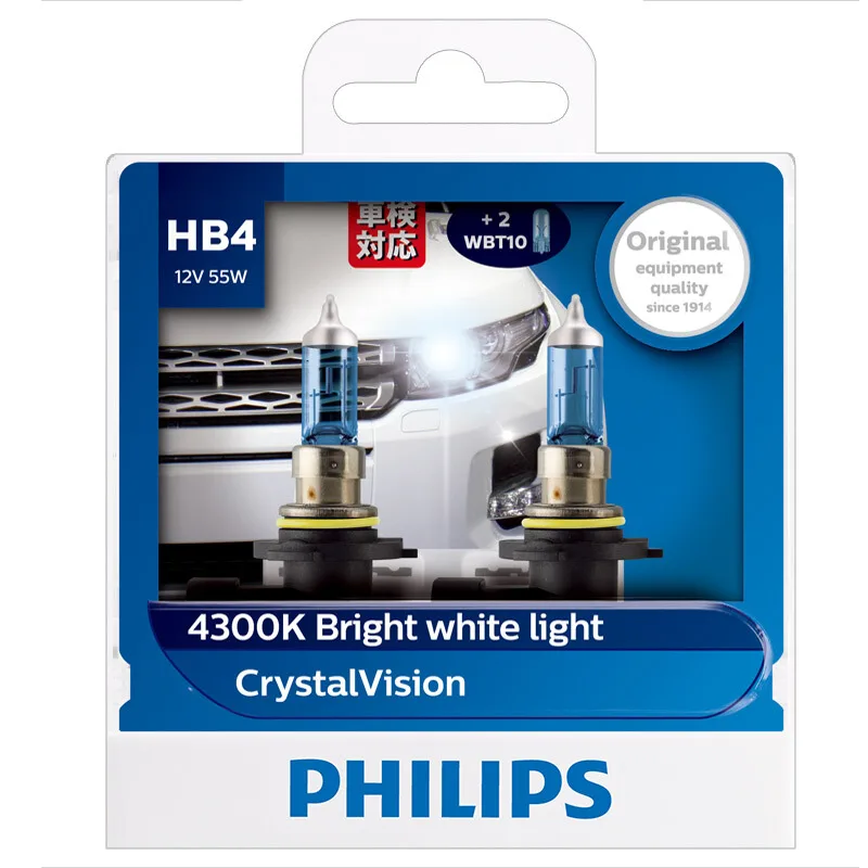 2X Philips HB4 9006 P22d 12 В 55 Вт Кристальное видение 4300 К яркий белый светильник