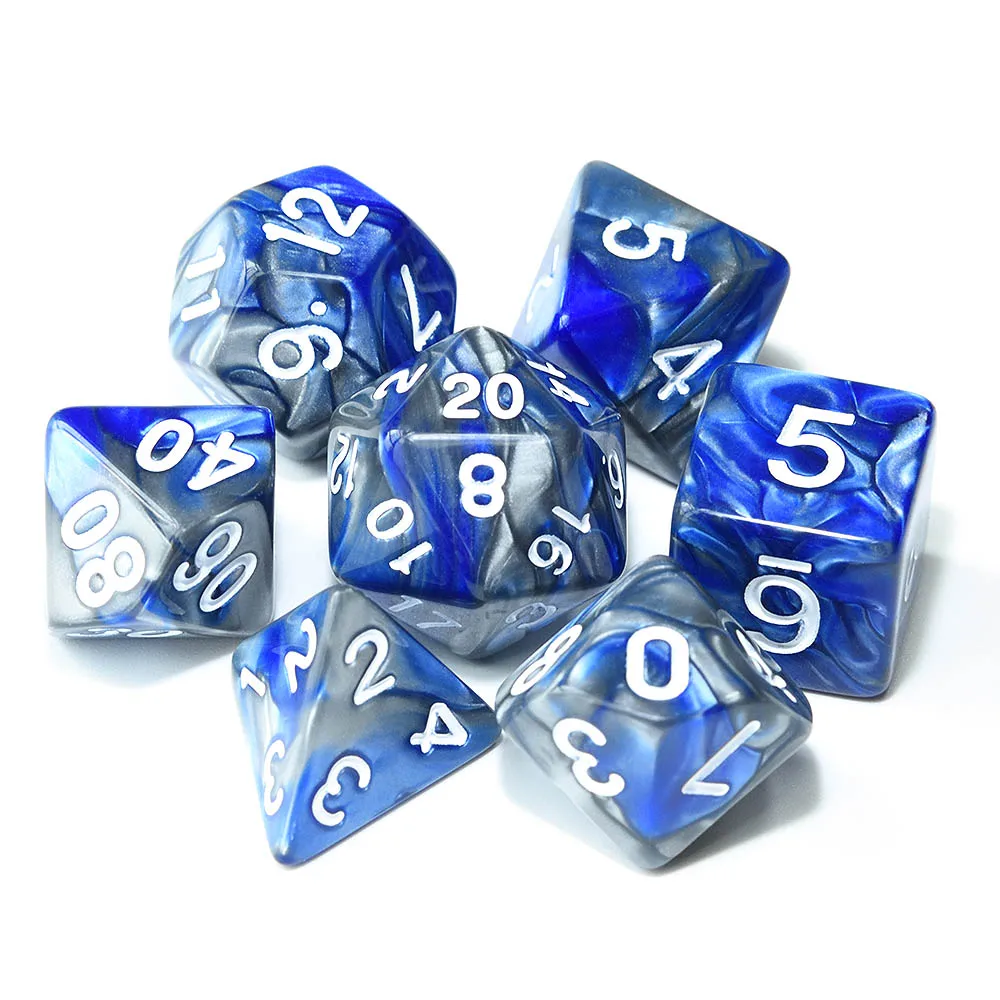 01 Blue Silver Многогранные DnD смешанные цвета кости 7 шт./компл. для ролевой игры «Подземелья и Драконы настольные игры D4, D6, D8, D10, D%, D12, D20 - Цвет: 01 Blue Silver